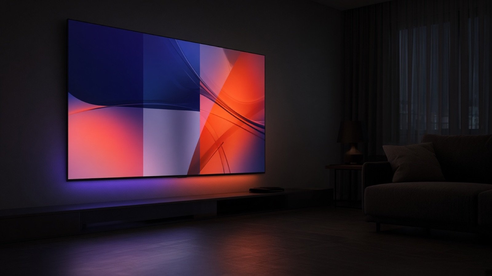 Side view of a glowing television in a dark room, no network branding.