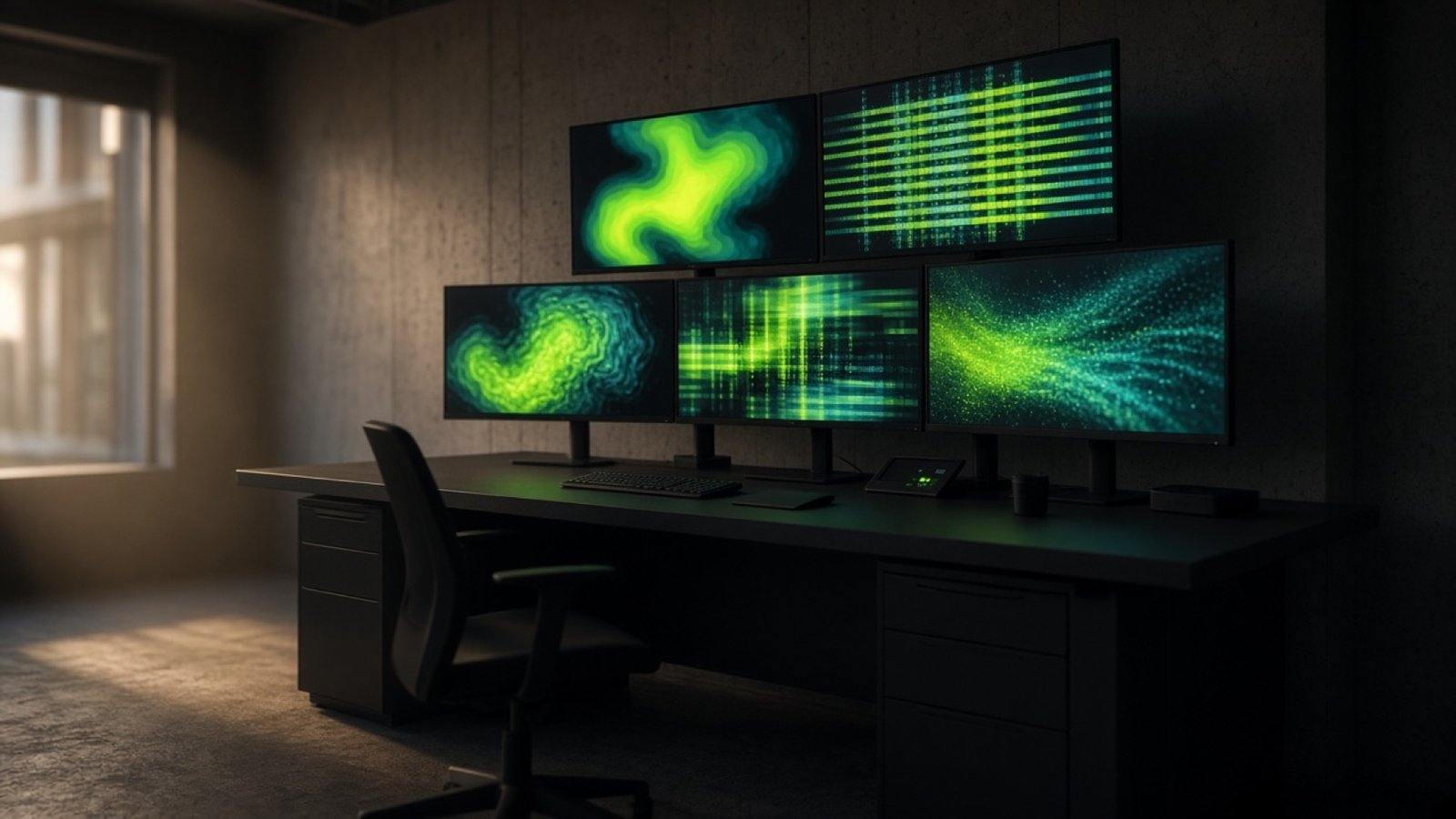 Empty media trading consoles with abstract monitor glow in a concrete room.