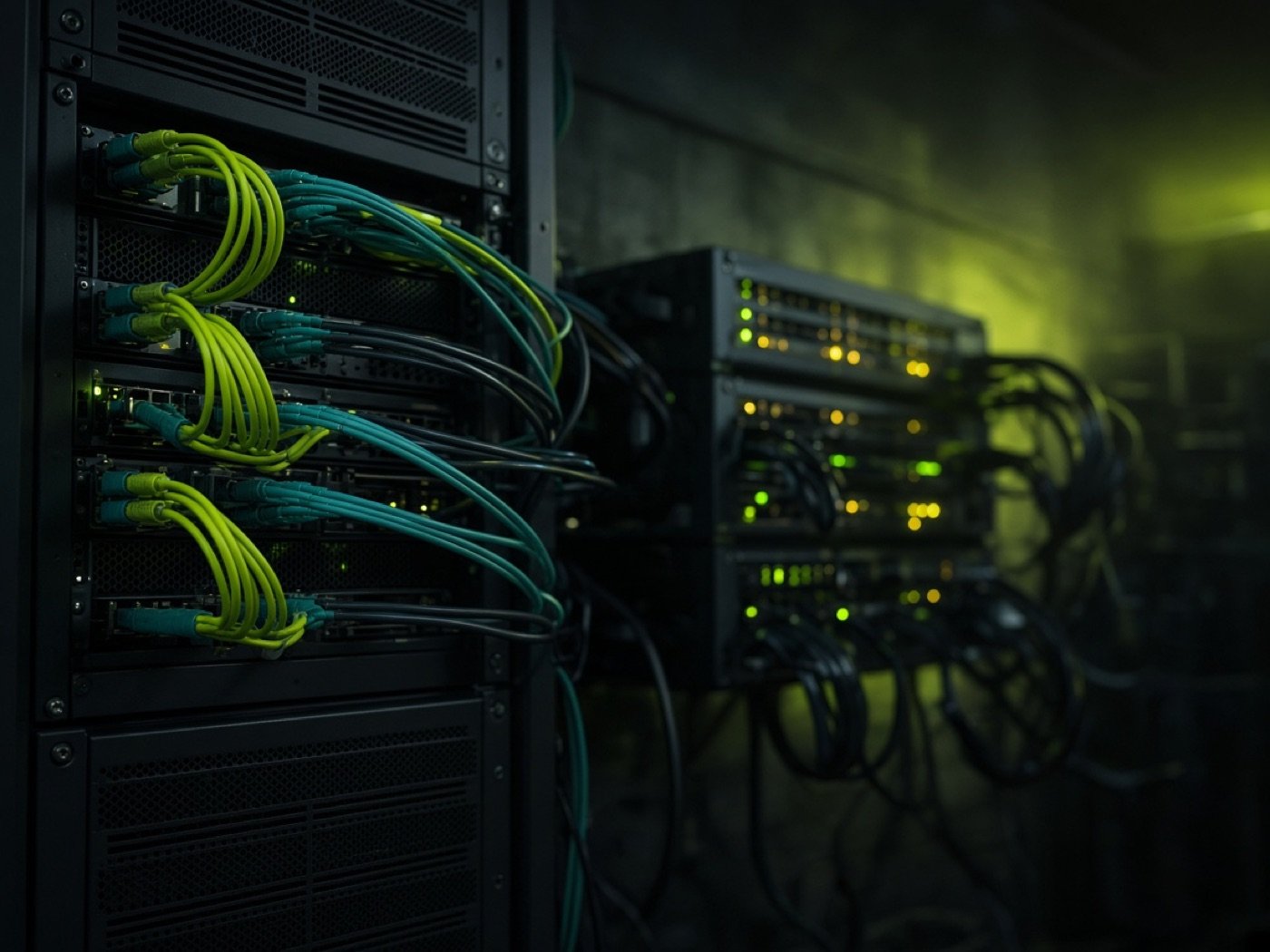 Dark equipment racks with lime and teal fiber patch cables.